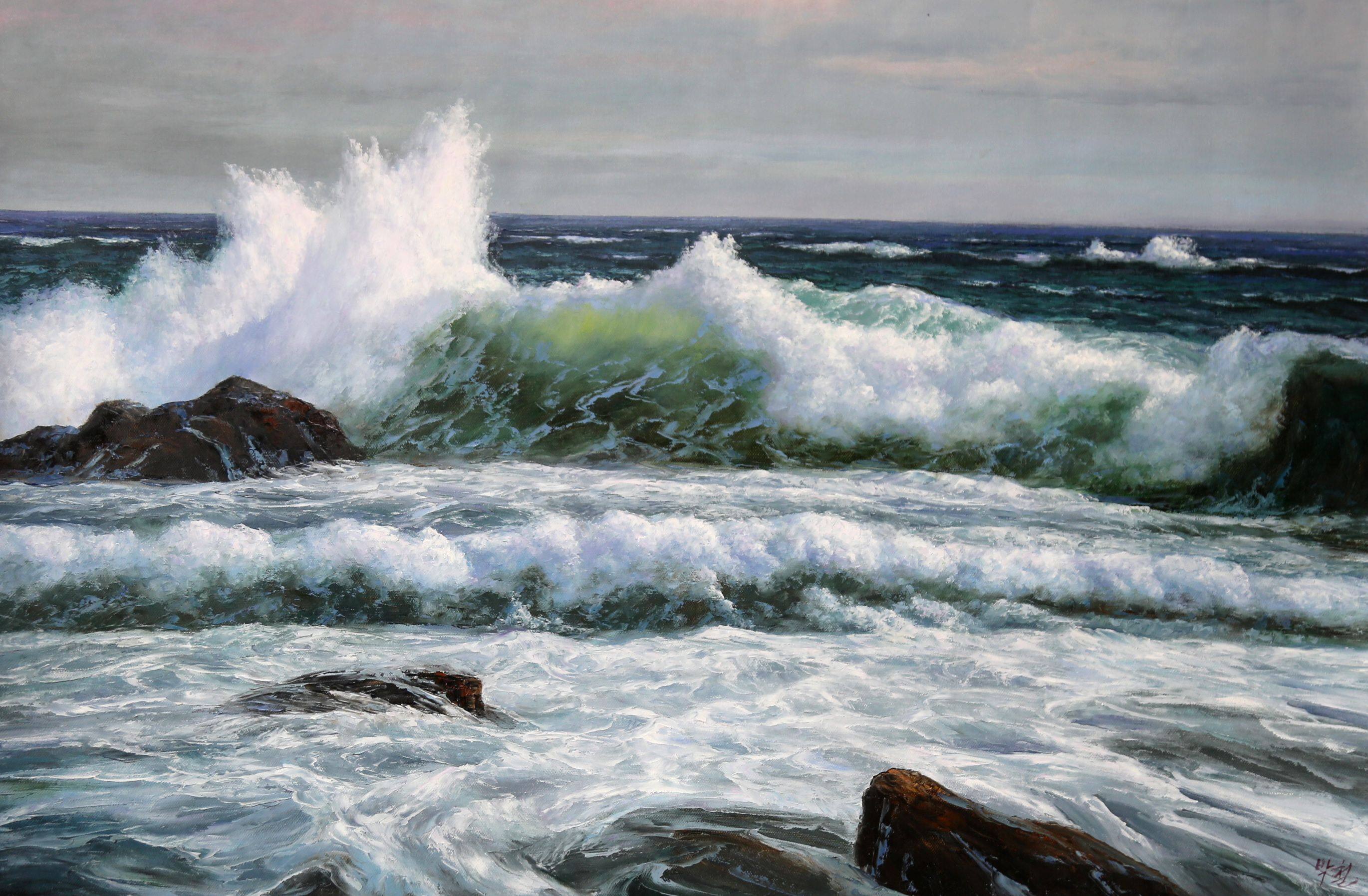朝鲜画家朴哲纯手绘油画海浪